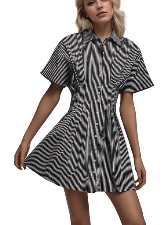 Dresses & Skirts - Women's Black Straps Down Pleated Shirt Striped Short Sleeve Casual Mini Dress